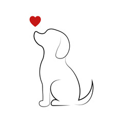Beagle dog line art with  a red heart  symbol,png transparent background.	