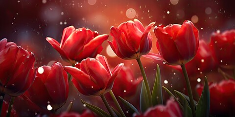 A striking bouquet of vibrant red tulip buds set against a dark backdrop.