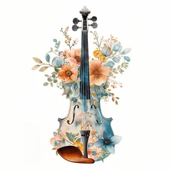 Fotobehang violin with flower drawing illustration for card, invitation, decoration, poster, valentine © Wipada
