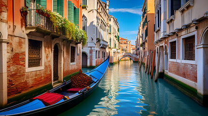 Images of canals in the city of Venice in Italy, travel, culture, boats, canals, water, daytime, buildings, houses, design, balconies, flowers, sky, clouds, colorful, AI-generated,