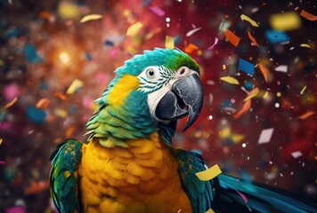 A delightful scene as a cheerful parrot enjoys its birthday festivities amidst falling confetti and festive balloons.