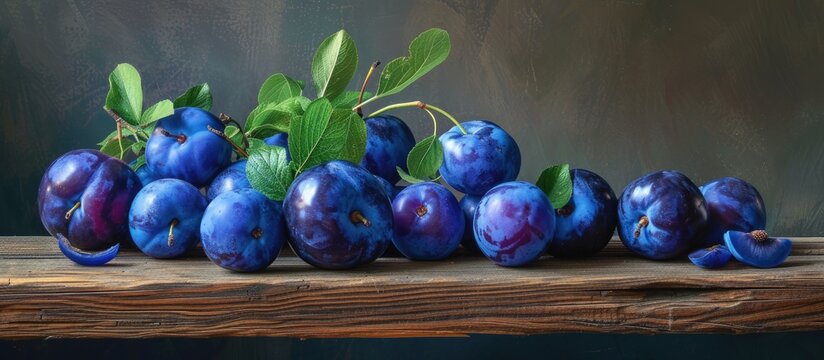 Fresh organic blue plums displayed in a rustic fruit still life on a wooden table. - Powered by Adobe