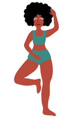 Body positive concept. Black Plus size Woman standing in pose yoga. Girl in green swimsuit. Cartoon flat vector illustration.