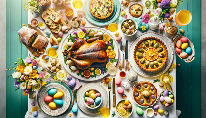 Top-down view of an Easter celebration table, featuring roasted lamb, artichoke tart, Easter bread with colored eggs, and lemon dessert, with bright decorations