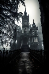 Fototapeta na wymiar Gothic Mansion Hidden in the Mist: A Snapshot of Time Forgotten and Stories Untold