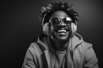 smiling black guy with headphone and wearing sunglasses in the studio, black and white image