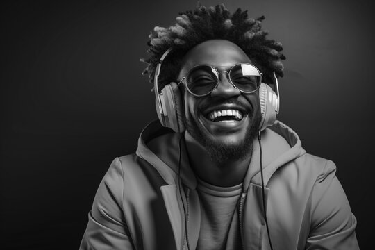 smiling black guy with headphone and wearing sunglasses in the studio, black and white image