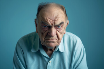 Obraz premium An older man with thinning hair and an angry face with a blue background behind him.