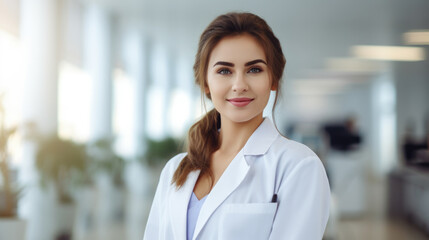 Smiling doctor woman on blur hospital abstract background. Generative ai.