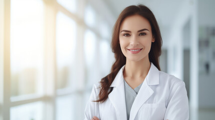 Smiling doctor woman on blur hospital abstract background. Generative ai.