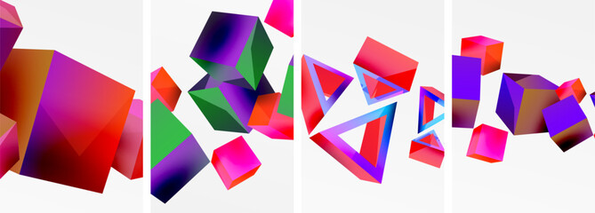 Flying 3d shapes, cubes and other geometric elements background design for wallpaper, business card, cover, poster, banner, brochure, header, website