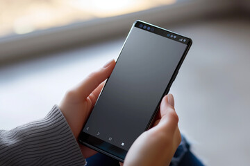 A person holding his smart phone with dark negative space. technology concept.