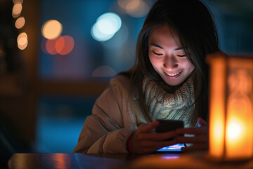 Asian girl checking her cell phone at night while sitting in a restaurant.