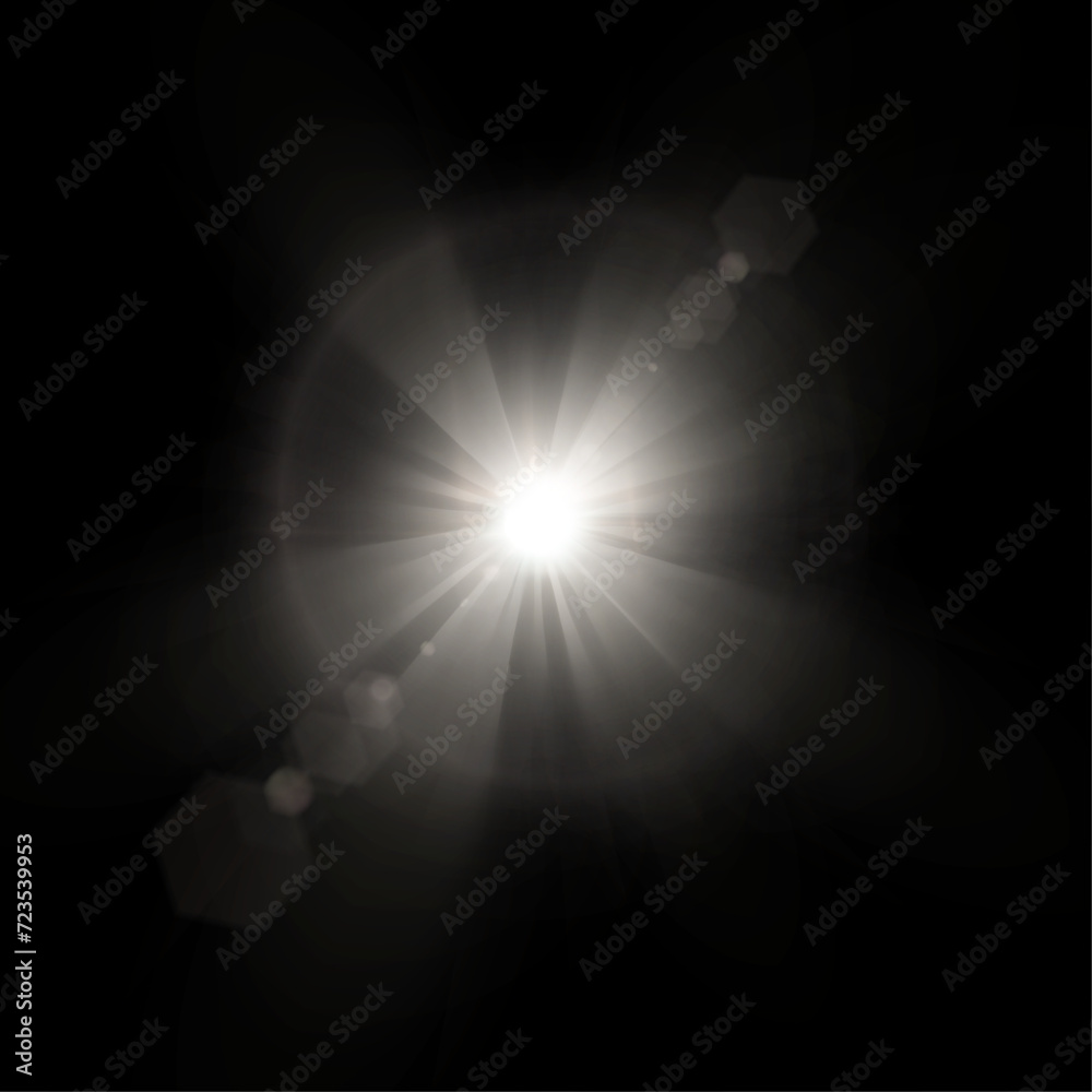 Poster bright sun shines with warm rays, vector illustration glow gold star on a transparent background. fl