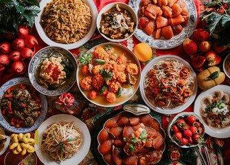 Top View a table laid out with different types of chinese food, dishes, noodles and fruits