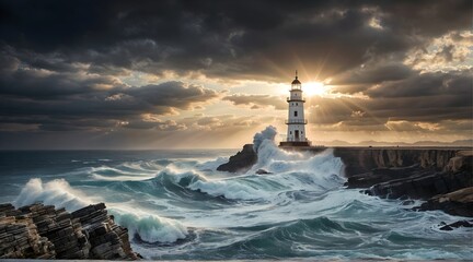 lighthouse on the beach at morning - obrazy, fototapety, plakaty