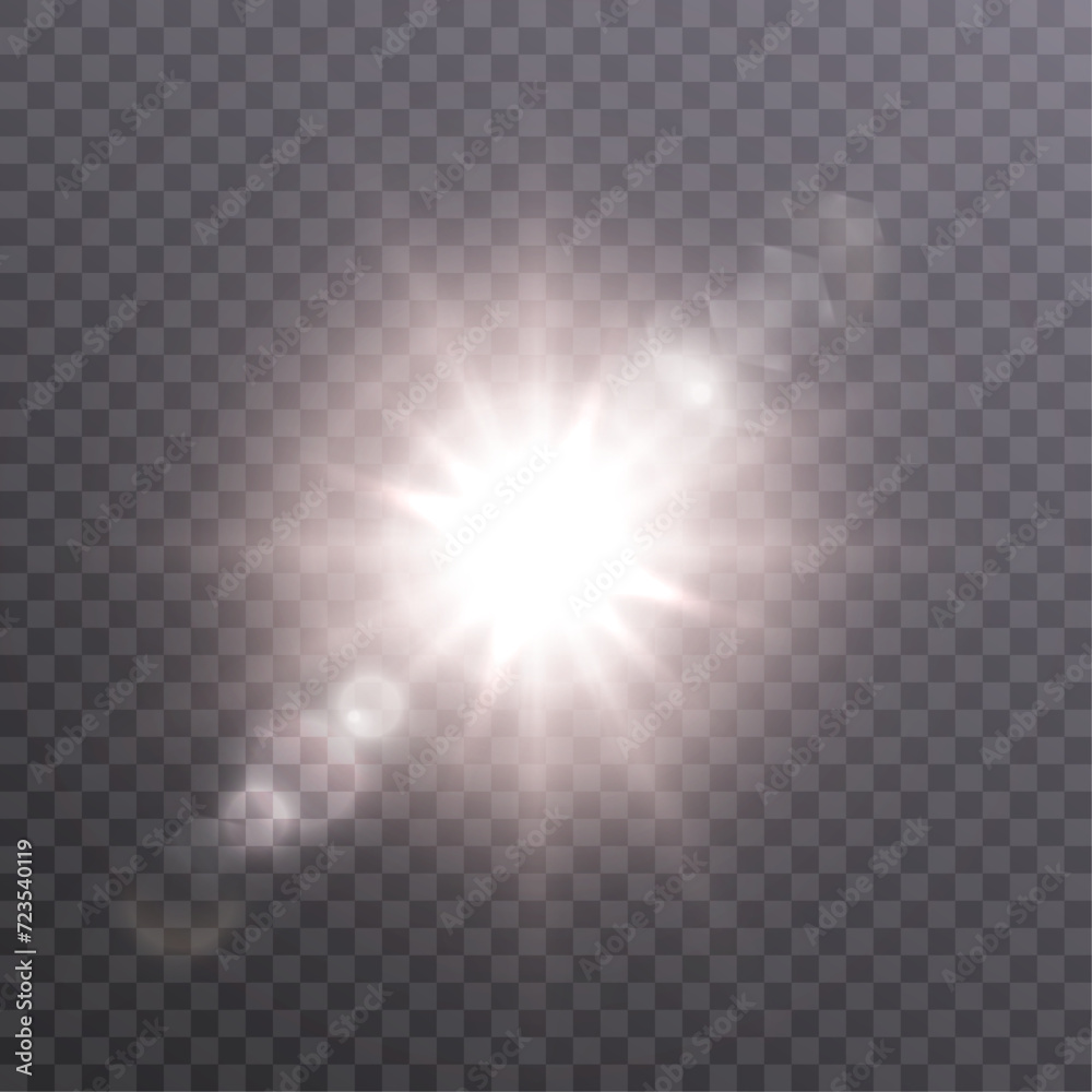 Poster bright sun shines with warm rays, vector illustration glow gold star on a transparent background. fl
