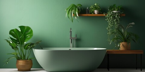 Fototapeta na wymiar Modern bathtub, sink, and houseplants in a green-walled bathroom.