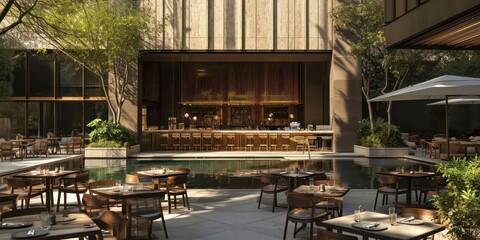 Elegant exterior cocktail bar with beautiful light and shadows.