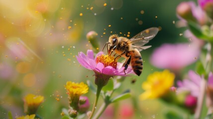 Bees actively pollinating and aiding in the growth of plants. Bees are depicted buzzing around colorful flowers, collecting pollen and nectar