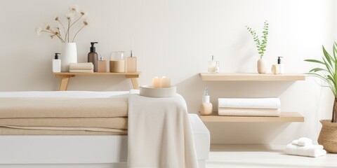 Obraz na płótnie Canvas Beige spa bathroom with towels on white desk and accessories near white wall.