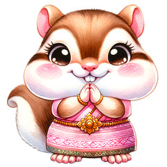 Obraz premium Chipmunk watercolor animal wearing pink outfit make Sawadee gesture to express respect or greetings. 