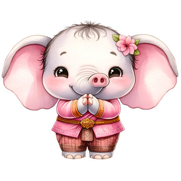 Elephant watercolor animal wearing pink outfit make Sawadee gesture to express respect or greetings. 