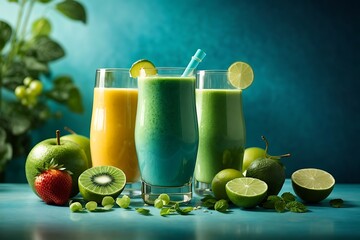 A photo of healthy fruit juice glass with sea green background ai generative