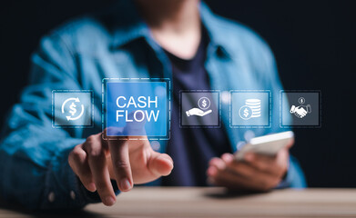 Cash flow concept. Businessman use smartphone and hand touching virtual screen of cash flow icons for cash flow business finance growth.