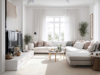 Fototapeta premium Frame mockup, ISO A paper size. Living room wall poster mockup. Interior mockup with house background. Modern interior design. 3D render 