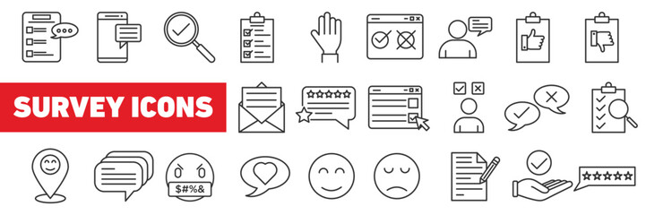 Feedback outline liner icon collection. Online consumer Survey web icons in line style.  simple app and web review, opinion, and ranking related elements. - obrazy, fototapety, plakaty