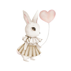 Obraz premium Watercolor illustration of cute bunny, rabbit, hare with pink heart balloon. Brown set of cutie animal portrait in pastel colors with skirt, collar, bow. Stickers, wall art, kids room decor, easter