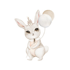 Watercolor illustration of cute bunny, rabbit, hare with balloons. Gray, brown, set of cutie animal portrait in pastel colors with hat, collar, bow. Stickers, wall art, kids room decoration, easter