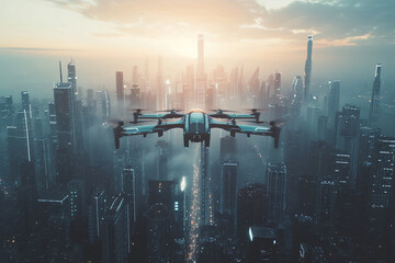 Autonomous Drone Navigating Through a Futuristic City at Dusk