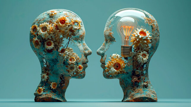 Two human heads with lightbulbs and gears on blue background