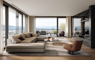 Modern living room flooded with soft, springtime light, where large windows open to a picturesque.