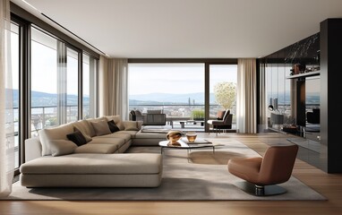 Fototapeta premium Modern living room flooded with soft, springtime light, where large windows open to a picturesque.