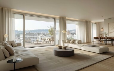 Obraz premium Modern living room flooded with soft, springtime light, where large windows open to a picturesque.