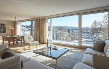 Fototapeta premium Modern living room flooded with soft, springtime light, where large windows open to a picturesque.