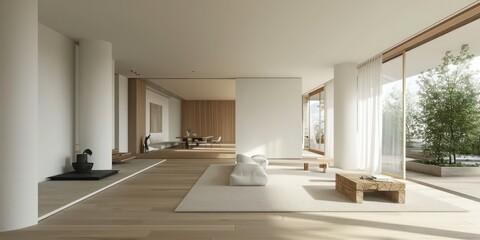 Modern living room flooded with soft, springtime light, where large windows open to a picturesque.