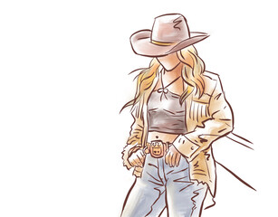 cowgirl in hat posing digital art for card decoration illustration