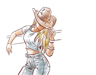 cowgirl in hat posing digital art for card decoration illustration
