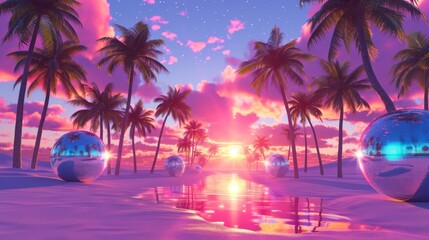 Fototapeta premium Cartoon scene As the sun sets on Coconut Grove Wonderland the coconuts transform into disco balls and the palm trees into dance partners inviting all creatures big