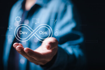 DevOps software development concept, Person hold with virtual screen of DevOps. IT operations, high...