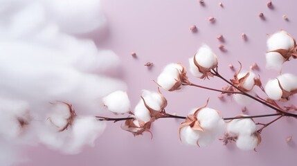 Cotton branch on pastel background wall close up, flat lay. natural dried flower floral