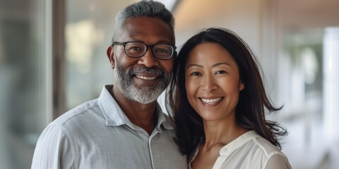 Portrait Mature couple African American and Asian lover love and affection between individuals of different racial - obrazy, fototapety, plakaty