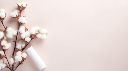 Concept of cotton extract and cottonseed oil in skincare cosmetic product. Cosmetic packaging tube with cream, mask, cleanser and cotton branch on pale background. Space for text, banner