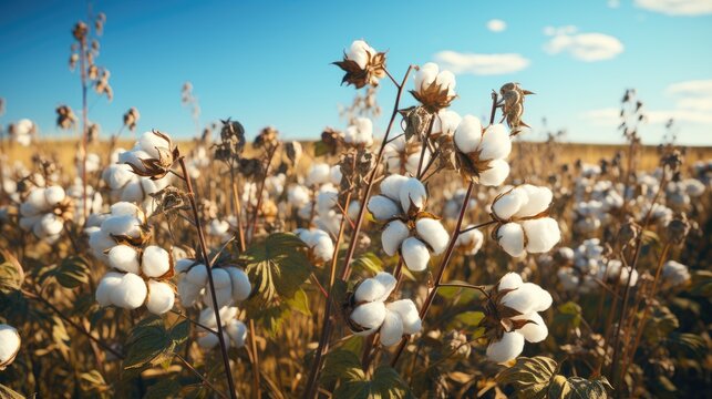 Branch of ripe cotton. cotton buds in the field.  landscape. cotton plantation background farming concept