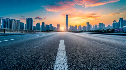 Papier Peint photo Skyline Asphalt highway and skyline with modern buildings at sunset. Generative AI