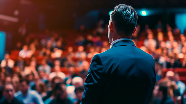A speaker gives a presentation in a conference room during a business event. The rear view captures unidentified people in the audience. Generative AI
